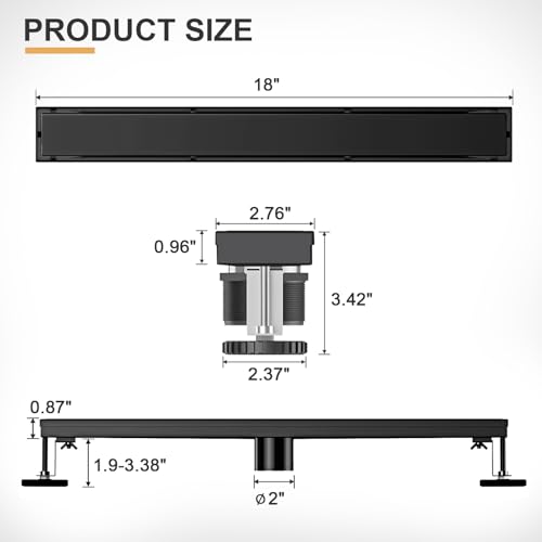 Linear Shower Drain - 18 Inch Matte Black, with Tile Insert Panels | AISI 304 Stainless Steel Shower Drain with Adjustable Feet, Hair Catcher, Rectangle Shower Floor Drain Fits Bathroom, Balcony - color: Matte Black, size: 18 Inch
