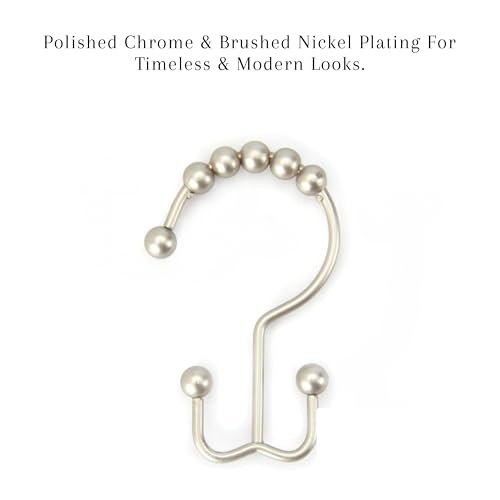 2lbDepot Double Sided Shower Curtain Hooks, Decorative Brushed Nickel Shower Curtain Hooks Rust Proof, Premium Stainless Steel Metal Hooks, Easy Glide Rollers, Set of 12 Curtain Rod Rings - color: Brushed Nickel