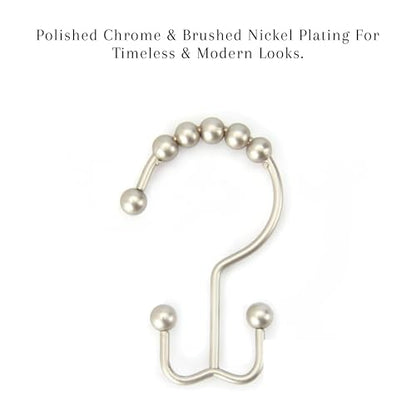 2lbDepot Double Sided Shower Curtain Hooks, Decorative Brushed Nickel Shower Curtain Hooks Rust Proof, Premium Stainless Steel Metal Hooks, Easy Glide Rollers, Set of 12 Curtain Rod Rings - color: Brushed Nickel