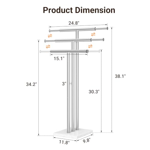 ELYKEN Standing Towel Rack for Bathroom, Adjustable 3-Tier Towel Stand | Weighted Marble Base, Brushed Stainless Steel, Freestanding Design, Holds Bath Towels, Rust Resistant, Ideal for Bathroom - size: 3 Tiers