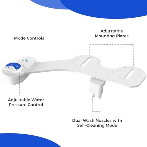 Bidet Attachment for Toilet Seat, Non-Electric Cold Water Bidet with Pressure Controls, Dual Nozzles for Frontal & Rear Wash, Retractable Self-Cleaning for Female & Old- White