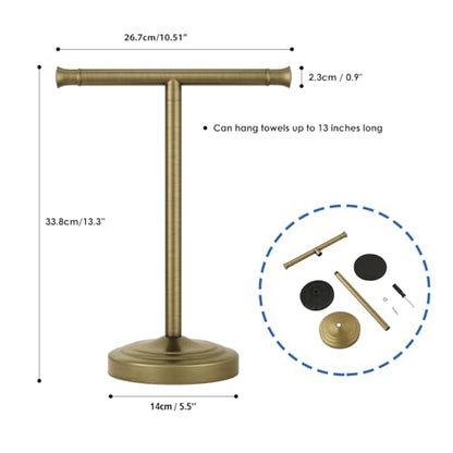 RUMOSE Antique Brass Hand Towel Holder Stand Countertop Towel Rack | 13 Inch Bathroom Kitchen Vanity T-Shape Towel Stand Free Standing Stainless Steel Towel Bar Towel Ring - color: Antique Brass