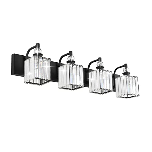 Ralbay Black Crystal Vanity Light 4 Light 31.5''Modern Matte Black Bathroom Wall Light Fixtures Over Mirror Bathroom Vanity Lights - color: Square-Black, size: 32 inch