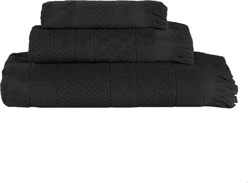 SUPERIOR Cotton 3 Piece Towel Set, Quick Dry, Bathroom Essentials, Shower, Spa, Luxury Plush Soft Absorbent Towels, Includes 1 Bath, 1 Hand, 1 Washcloth/Face Towel, Rolla Collection, Black - color: Black, size: 3 Piece Towel Set