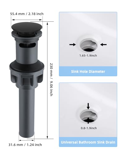 Universal Bathroom Sink Drain Stopper with Overflow, Pop Up, Matte Black | Bathroom Sink Stopper for Vessel Sink, Push and Seal Vessel Sink Drainer Stopper, Anti-Clogging Strainer - color: Matte Black