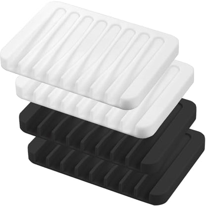 Self Draining Soap Dishes, 4 Pcs Silicone Waterfall Drainer Soap Holder for Bathroom, Extend Soap Life Keep Dry Clean & Easy Cleaning (Black & White) - color: Black & White