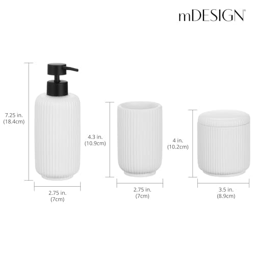mDesign Fluted Resin 3-Piece Bathroom Vanity Countertop Accessories - Soap Dispenser, Tumbler Rinsing Cup, and Canister Holder Sets - Complete Modern Counter Aesthetic - Set of 3 - White