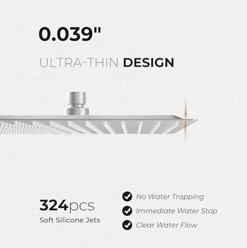 Oversize Rain Shower Head, Ultra Thin 16 Inch Square Stainless Steel Rainfall Shower Head with 360° Rotation, High Pressure Waterfall, Full Body Coverage, Brush Nickel - color: Brushed Nickel, size: 16 Inch