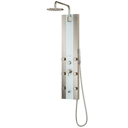 Tropicana ShowerSpa Panel with 10" Rain Showerhead - Brushed Stainless Steel Body & Fixtures, Seafoam Tempered Glass Panel, 1.8GPM - Rain Shower Head with Handheld Spray Wand, 6 Silk-Spray Jets, Spout - color: Brushed Nickel Fixtures 1.8 GPM