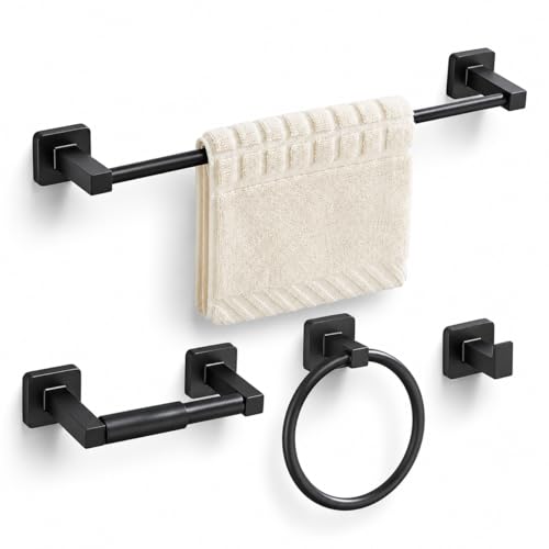 Matte Black Bathroom Hardware Set 4 Pieces,Towel Bar Set Stainless Steel Wall Mounted, Includes 16In Hand Towel Bar, Towel Ring, Robe Towel Hooks,Toilet Paper Holder, Bathroom Towel Rack Set - color: Matte Black, size: 16Inch