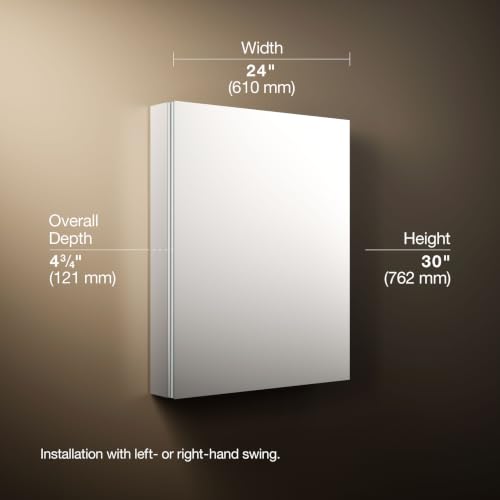 Kohler 99007-NA Verdera® Recessed or Surface Mount Bathroom Medicine Cabinet with Mirror, Bathroom Wall Cabinet with Interior Magnifying Mirror, Slow-Close Doors, 24 in. W x 30 in. H - size: 24" W x 30"H, style: Magnifying Mirror + Slow Close