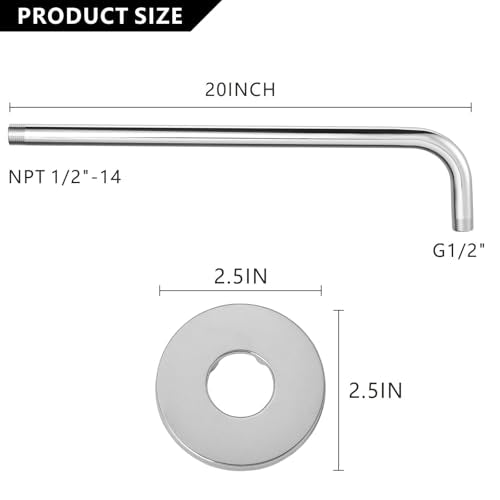 Voolan Shower Arm with Flange and Teflon Tape, Extension Shower Head Arm for Bathroom Fixed Shower Head, Solid Stainless Steel, Wall Mounted (20 Inch, Chrome) - color: Chrome, style: 20 Inch