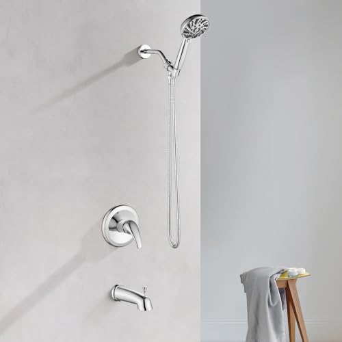 gotonovo Tub Shower Faucet Set with Valve 6 Mode Handheld Polished Chrome | Bathtub Faucet Set,6 Mode ABS Handheld Spray,6.3’’ Metal Tub Spout,Brass Valve Trim Kit,Shower Head and Handle Kit,Wall Mount - color: Chrome