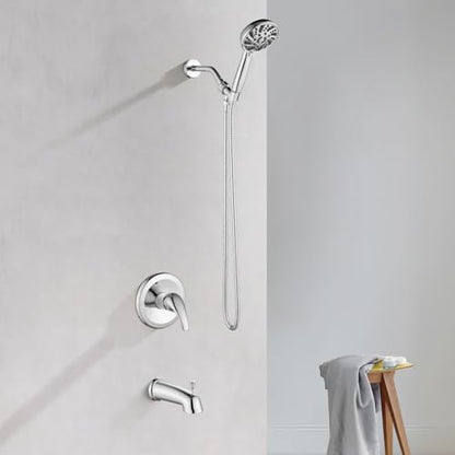 gotonovo Tub Shower Faucet Set with Valve 6 Mode Handheld Polished Chrome | Bathtub Faucet Set,6 Mode ABS Handheld Spray,6.3’’ Metal Tub Spout,Brass Valve Trim Kit,Shower Head and Handle Kit,Wall Mount - color: Chrome
