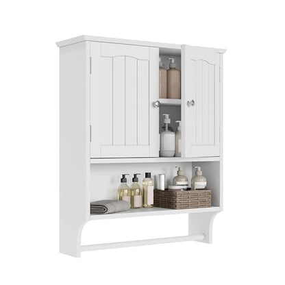 Smuxee White Bathroom Cabinet Wall Mounted with Towels Bar, Bathroom Medicine Cabinet with 2 Door Adjustable Shelves, Over Toilet Cabinet for Bathroom Laundry Room Kitchen - color: White Big With Towels Bar