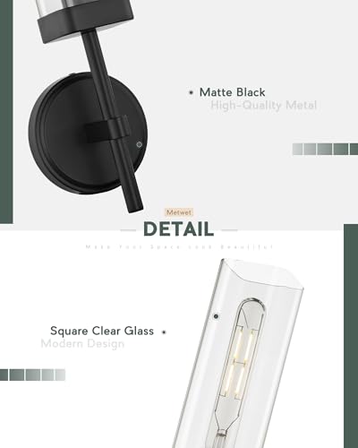 Set of 2 Matte Black Bathroom Wall Sconces with Square Clear Glass | Modern bathroom vanity light fixtures, upward-only mount, E26 base, hardwired, bulbs not included, 2-pack, VL262-MB-2PK - color: Black-Square Clear Glass, 2-Pack