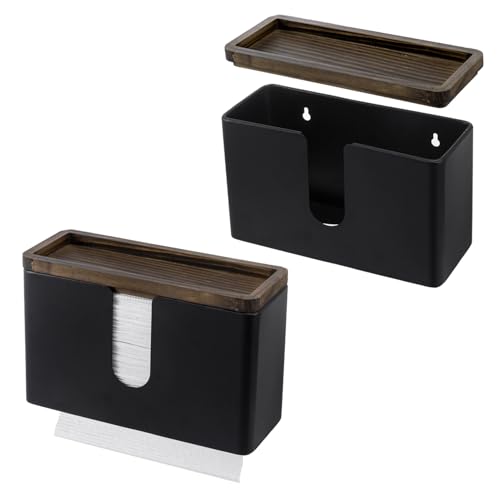 MyGift Wall Mounted Deluxe Black Metal Folded Commercial Paper Towel Holders with Burnt Solid Wood Tray Lids, Hanging Trifold Multifold Z Fold Disposable Napkin Dispensers, 11 & 10 Inch, 2 Piece Set - color: Burnt Wood & Black Metal