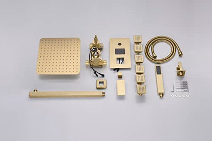 Cascada Digital 12” Wall Mounted Shower System with Single Handle & LCD Display, 3 Functions (Rainfall, Body jets & Handheld) (Polished Gold) - color: Polished Gold