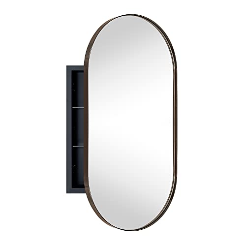 Oil Rubbed Bronze Oval Recessed Bathroom Medicine Cabinet with Mirror Stainless Steel Metal Framed Oblong Pill Shaped Bathroom Cabinet with Mirror 16x33'' - color: Oil Rubbed Bronze