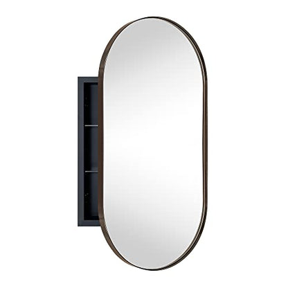 Oil Rubbed Bronze Oval Recessed Bathroom Medicine Cabinet with Mirror Stainless Steel Metal Framed Oblong Pill Shaped Bathroom Cabinet with Mirror 16x33'' - color: Oil Rubbed Bronze