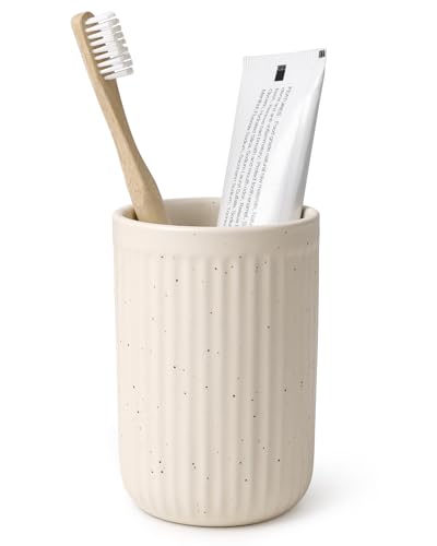 BosilunLife Ceramic Toothbrush Holder - 12oz Bathroom Toothbrush Holder Tooth Brush Holders Tumbler Cups Reusable Toothbrush Mouthwash Cup Small Toothbrush and Toothpaste Holder, Striped Apricot - color: Apricot-vsc, size: striped-cylinder