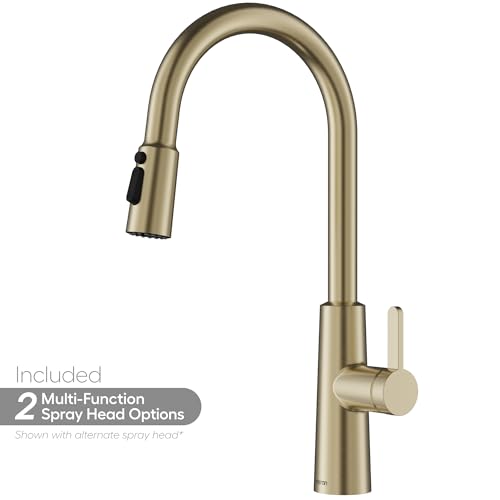 Karran Elmsworth Commercial Style Pull-Down Kitchen Faucet with Dual Interchangeable Spray Heads 5-Function Revolve MAX & 3-Function Revolve Mini Aerator High-Arc Spout (Spot Free Champagne Bronze) - color: Spot Free Champagne Bronze