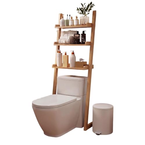 Over the Toilet Storage Shelf Solid Wood 3 Tier Leaning Ladder Rack | Solid Wood Construction, Wall-Mounted Leaning Design for Small Bathroom,Ideal for Apartment Renters(Natural) - color: Natural