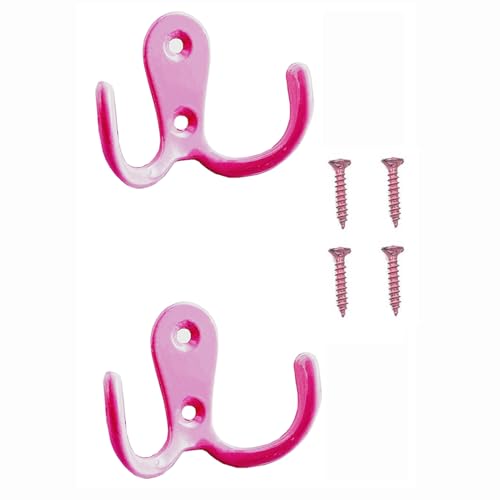 2 Pcs Double Prong Robe Hooks, Dual Coat Hooks Wall Mounted Hanging Clothes for Bathroom Bedroom Door Wall Retro Metal Cloth Hanger Double Coat Hooks with 4 Screws (Pink) - color: Pink