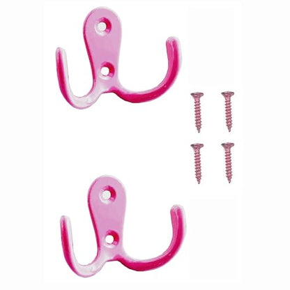 2 Pcs Double Prong Robe Hooks, Dual Coat Hooks Wall Mounted Hanging Clothes for Bathroom Bedroom Door Wall Retro Metal Cloth Hanger Double Coat Hooks with 4 Screws (Pink) - color: Pink
