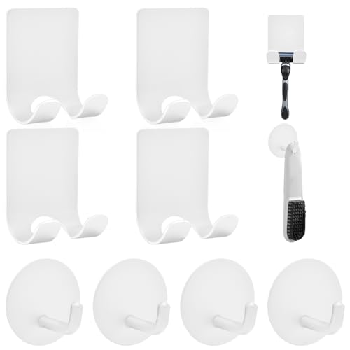 Razor Holder for Shower + Adhesive Wall Hooks, Premium 304 Stainless Steel Shower Razor Holder with Heavy Duty Waterproof Sticky Hooks for Hanging Towels, Coat, hat (4+4 Pack) - White - color: White--8pcs
