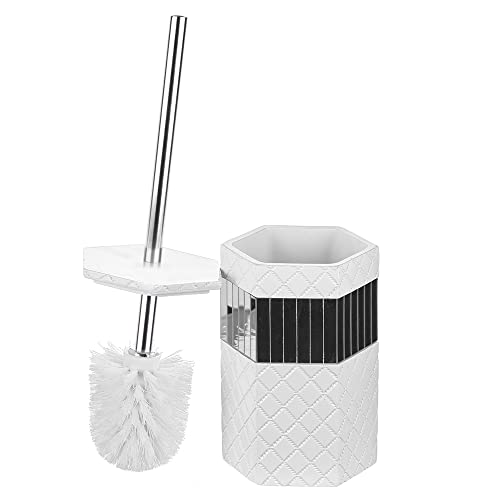 Creative Scents Quilted Mirror Bathroom Toilet Brush Set - White Toilet Bowl Brush and Holder - Good Grip Toilet Bowl Cleaner Brush and Holder - Decorative Compact Toilet Bowl Scrubber - style: Toilet Brush