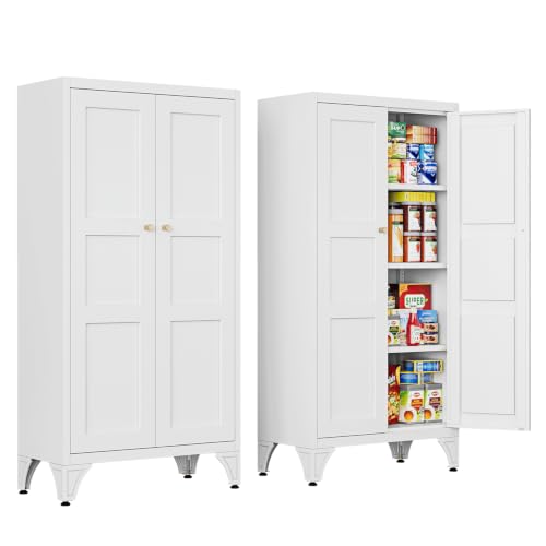 Metal Storage Cabinet with Doors and Shelves,47.3" H Bathroom Floor Kitchen Pantry Utility Cupboard Dining Home Office/Garage Organizers,White - color: White, size: 12” D x 24” W x 47.3” H