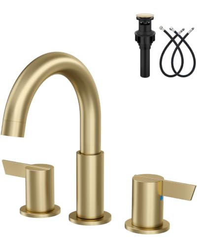 Brushed Gold Bathroom Faucet 3 Hole, 8 Inch Widespread 2-Handle | SUS304 Stainless Steel, 2-Handle Control, Pop-Up Drain, Supply Lines and Mounting Hardware for 8-Inch Widespread Vanity Sinks - color: Brushed Gold