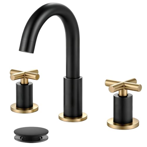 gotonovo 3 Hole Bathroom Faucet 8 inch Widespread Sink Vanity Faucet for Bathroom Sink 2 Cross Handle Deck Mount Basin with Pop Up Drain 360° Swivel Spout Black and Gold - color: Black and Gold