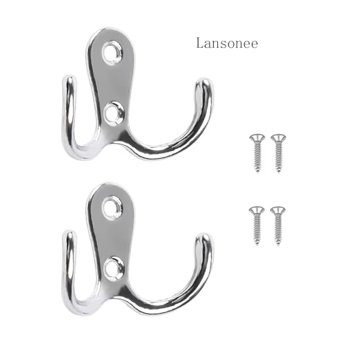 2 Pcs Double Prong Robe Hooks, Dual Coat Hooks Wall Mounted Hanging Clothes for Bathroom Bedroom Door Wall Retro Metal Cloth Hanger Double Coat Hooks with 4 Screws (Sliver) - color: Sliver