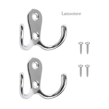 2 Pcs Double Prong Robe Hooks, Dual Coat Hooks Wall Mounted Hanging Clothes for Bathroom Bedroom Door Wall Retro Metal Cloth Hanger Double Coat Hooks with 4 Screws (Sliver) - color: Sliver