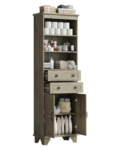72" Farmhouse Storage Cabinet, Tall Bathroom Cabinet with 2 Drawers, Adjustable Shelves and Barn Door, Freestanding Cabinets for Bathroom, Living Room, Kitchen, Grey - color: Grey