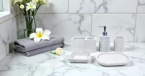 Hymmah Marble Pattern Bathroom Accessories Set, Toothbrush Holdr Set, 5 Pieces Resin Bathroom Set with Toothbrush Holder, Soap Dispenser, Soap Dish,Tumbler (Gray Granite) - color: Gray Granite