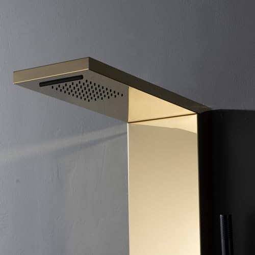 BWE Rainfall Waterfall Shower Panel Tower System Stainless Steel Bathroom Shower Panel with 5 Massage Body Jets Sprays and Handheld Shower,Polished Gold and Black
