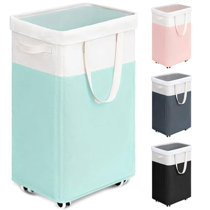 Goodpick Laundry Basket with Wheels, 75L Laundry Hamper with Wheels, Large Laundry Basket with Removable Wash Bag, Clothes Hamper for Laundry, Blue&White | Clothes Hamper with Removable Wash Bag for Laundry Room, Large Rolling Laundry Basket with Handles,