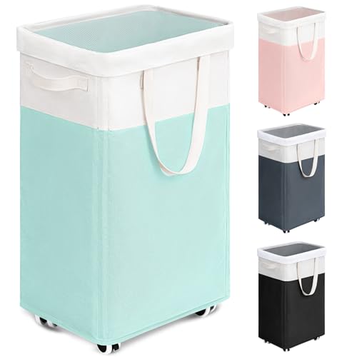 Goodpick Laundry Basket with Wheels, 75L Laundry Hamper with Wheels, Large Laundry Basket with Removable Wash Bag, Clothes Hamper for Laundry, Blue&White | Clothes Hamper with Removable Wash Bag for Laundry Room, Large Rolling Laundry Basket with Handles,