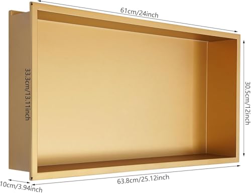 Libsaerty LED Shower Niche with Lights, Waterproof Gold Bathroom Niche Insert, Recessed Wall Shelf for Tile-Free Install, 24x12 Inch Storage for Shampoo, 304 Stainless Steel, 44LbsLoad, Easy Assembly