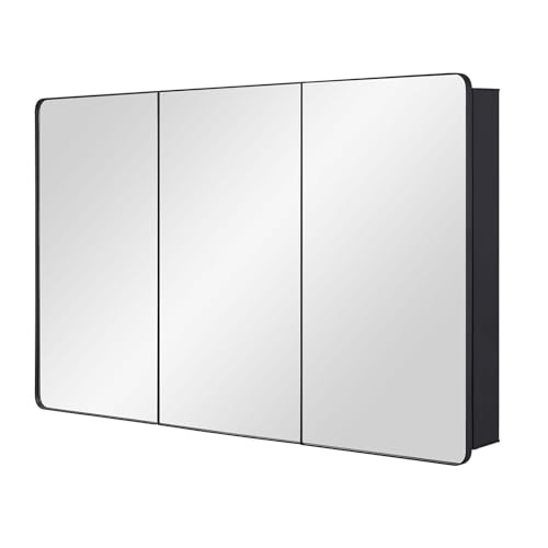 Bathroom Mirror Medicine Cabinet with Round Corner Framed Door 48 x 30 inch, Black，Recessed or Surface Mount, with Adjustable Glass Shelves - size: 48 x 30 inch