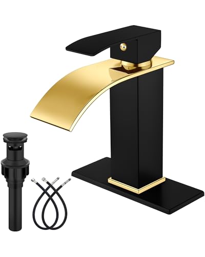 Midanya Waterfall Bathroom Faucet 1 Hole,Polish Gold Spout/Matte Black | with 24” Hoses,Pop Up Drain,6” Deck Plate,for 1 or 3 Hole Vanity,Lavatory,RV,Single Handle Bathroom Sink Faucet,NSF Certified - color: Bright Gold Spout/Black