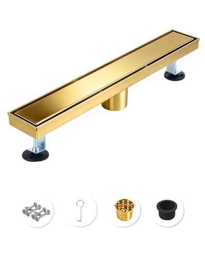 18 Inch Brushed Gold Linear Shower Drain | CUPC Certified 2-in-1 Tile Insert for Curbless Showers. 304 Steel, 15.8GPM Flow. Includes Hair Catcher & Adjustable Feet. - color: Gold, size: 18in