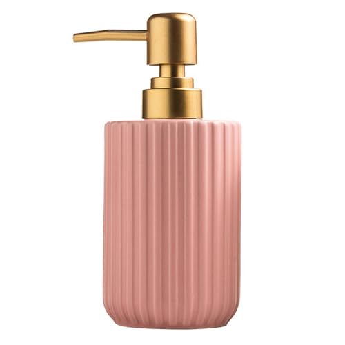 Chic Soap Dispenser, Vertical Stripe Design with Gold Pump(Pink) | Cylinder-Shaped Ceramic Lotion Dispenser - color: Pink