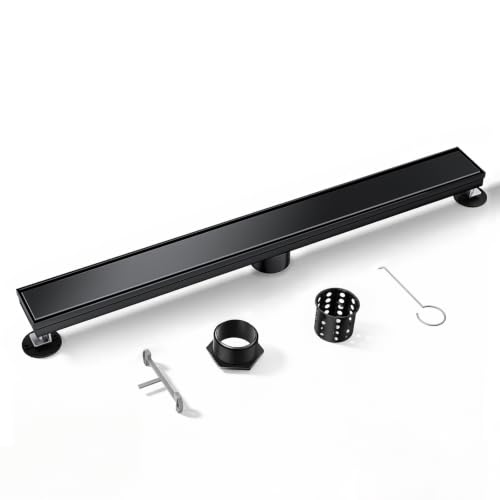 Linear Shower Drain 54inch，Black 304 Stainless Steel Tile Insert Cover & Adjustable Leveling Feet Shower Floor Drain with Hair Catcher Fits Balcony Bathroom - color: Matte Black, size: 54inch