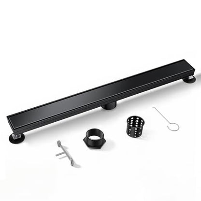 Linear Shower Drain 54inch，Black 304 Stainless Steel Tile Insert Cover & Adjustable Leveling Feet Shower Floor Drain with Hair Catcher Fits Balcony Bathroom - color: Matte Black, size: 54inch