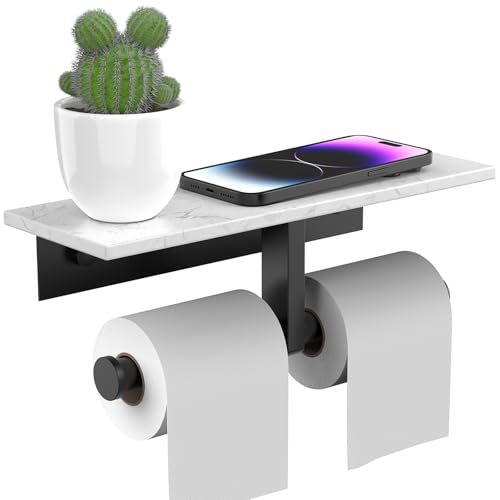 BWE Double Toilet Paper Holder with Shelf Wall Mounted Tissue Roll Holder | Commercial Toilet Paper Dispenser for Bathroom Marble Toilet Paper Storage Holder with Phone Shelf (Matte Black) - color: Double Black