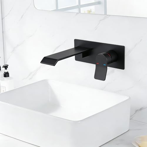 Bathroom Faucets Wall Mount Waterfall Faucet Single Handle Vessel Sink Faucet with Brass Rough-in Valve Storage Countertop Holder for Lavatory Vanity Washroom Basin Wall Tap Matte Black
